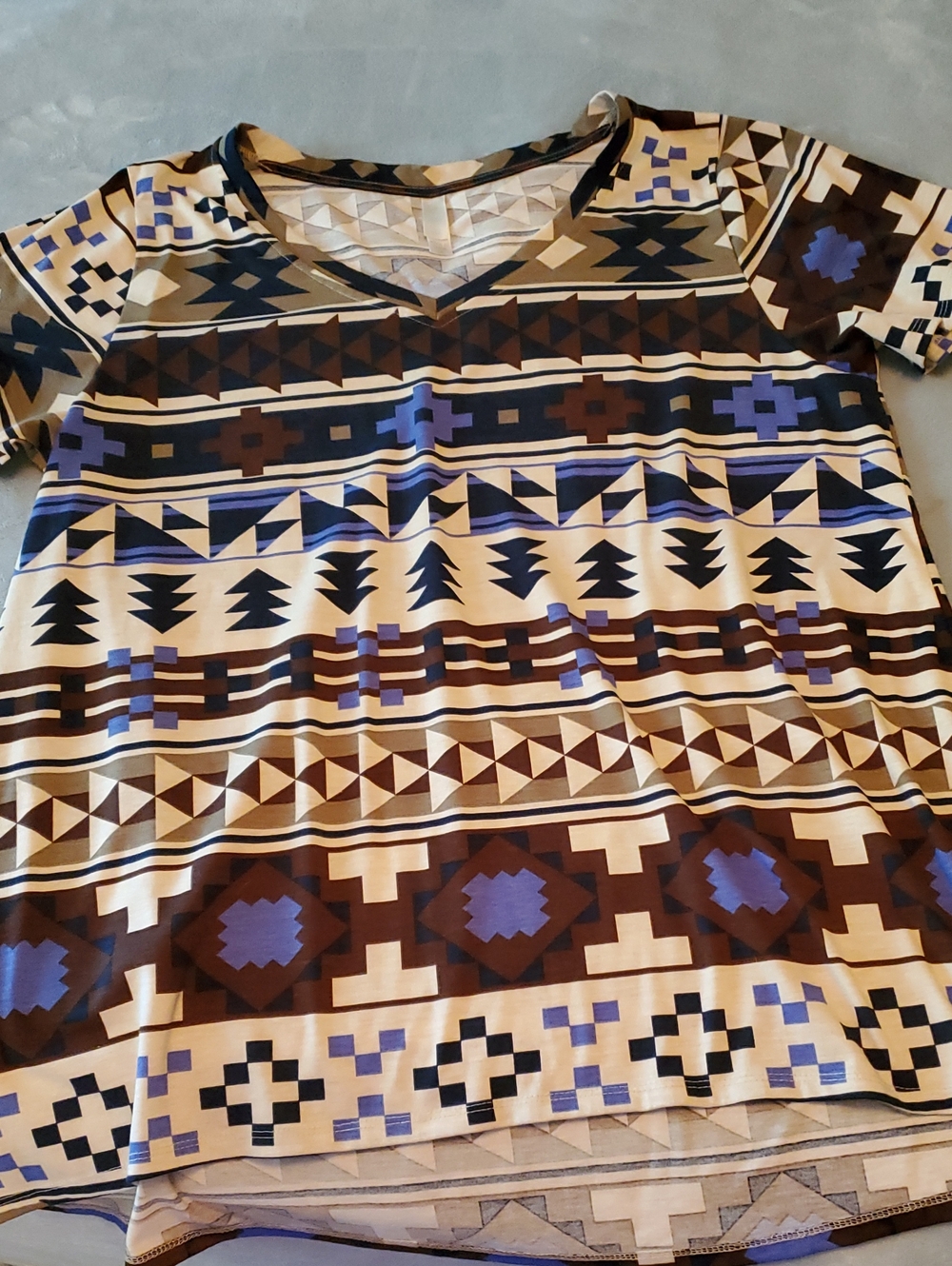Women's V-Neck Geometric Aztec Print Shirt - Brown & Blue